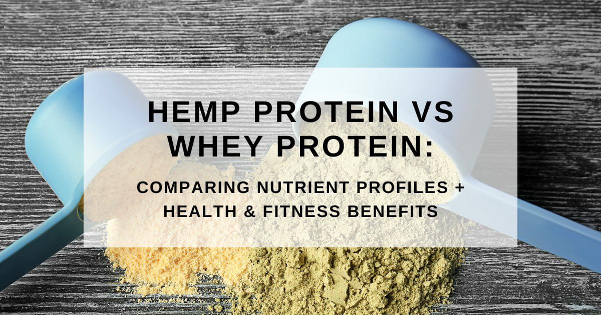 Scoops of hemp protein and whey protein powders